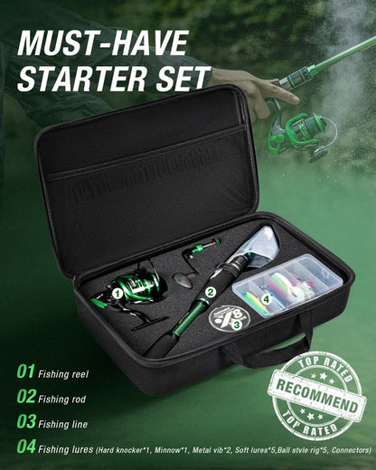 Green Phantom Telescopische Vishengel Set – 30T Grafiet – Compacte Reisset met Molen, Aas en Lijn – Voor Zoet- en Zoutwater – Voor Beginners en Gevorderden - Groen - 2.4M 8FT