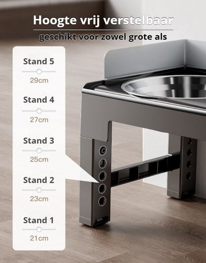 Verhoogde anti-schrokbak hond - 5 Hoogtes (21-29cm) - Anti-Schrokbak - RVS Waterbak & Spatrand - BPA-Vrij - Betere Spijsvertering en Nekbescherming - Anti-Knoei Hondenvoerbak - Gemakkelijk Reinigbaar - Zwart