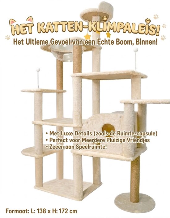 Grote Krabpaal met Ruimtecapsule en Kattenhuis - Krabpalen - Kattenmeubel - 7-Laagse Kattenboom - Natuurlijk Sisal - Extra Stabiel - Milieuvriendelijk Hout - Speelparadijs voor Binnenkatten - Beige