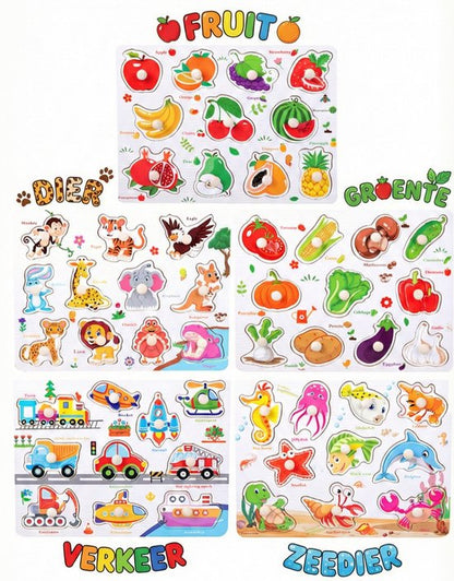 Educatieve Houten Knoppenpuzzel - Fruit - 2-in-1 Vormenpuzzel & Whiteboard inclusief Stift - Montessori Speelgoed voor Peuters - Blokpuzzel kind - Educatief Spel voor 3 4 5 6 7 Jaar - Ontwikkeling Fijne Motoriek