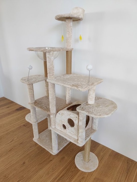 Grote Krabpaal met Ruimtecapsule en Kattenhuis - Krabpalen - Kattenmeubel - 7-Laagse Kattenboom - Natuurlijk Sisal - Extra Stabiel - Milieuvriendelijk Hout - Speelparadijs voor Binnenkatten - Beige