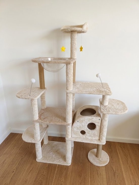 Grote Krabpaal met Ruimtecapsule en Kattenhuis - Krabpalen - Kattenmeubel - 7-Laagse Kattenboom - Natuurlijk Sisal - Extra Stabiel - Milieuvriendelijk Hout - Speelparadijs voor Binnenkatten - Beige