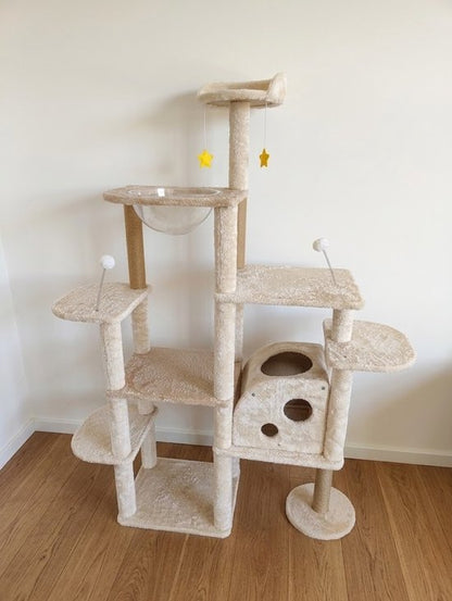 Grote Krabpaal met Ruimtecapsule en Kattenhuis - Krabpalen - Kattenmeubel - 7-Laagse Kattenboom - Natuurlijk Sisal - Extra Stabiel - Milieuvriendelijk Hout - Speelparadijs voor Binnenkatten - Beige