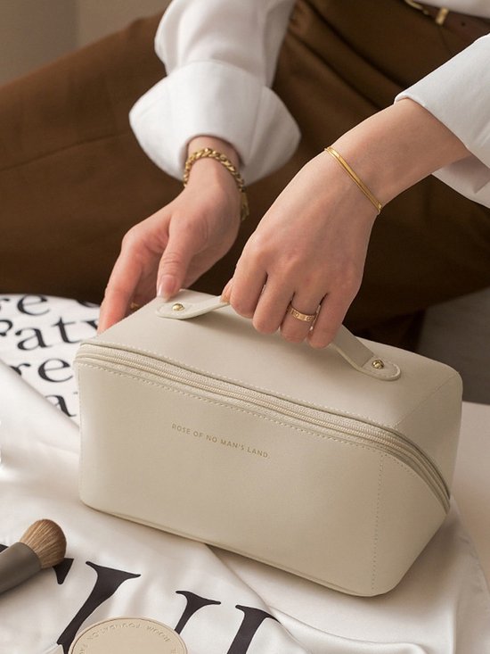 Make-up Tas Dames & Meisjes - Grote Toilettas voor Reizen & Vakantie - Beauty Case met Grote Opening - Cosmetica Organizer met Vakken - Waterafstotend PU Leer - Reis Etui voor Make up & Verzorging - Handige Badkamer Opbergtas - Beige