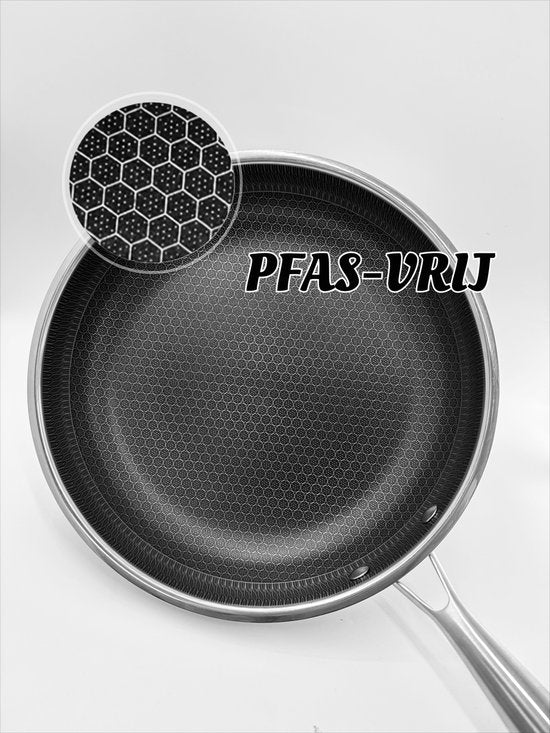 RVS Koekenpan Ø 26 cm - PFAS & PTFE vrij - RVS Honingraat Anti-Aanbakpan (Hybrid) – Krasbestendig & Slijtvast – Geschikt voor Inductie, Gas & Oven – Met RVS Handgreep – Hoge Rand (6 cm) – Roestvrij Stalen Bakpan –Vaatwasserbestendig