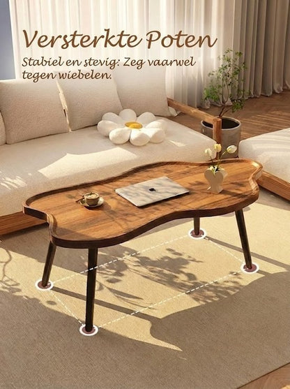 Japandi salontafel- Organische Salontafel (120x60) - Walnoot look - Wolkvorm Koffietafel in Notenhout Kleur - Salontafel zonder scherpe hoeken - Salontafel met dienbladblad - Wabi- Japandi Woonkamer Tafel met Opstaande Rand - Modern & Uniek Design
