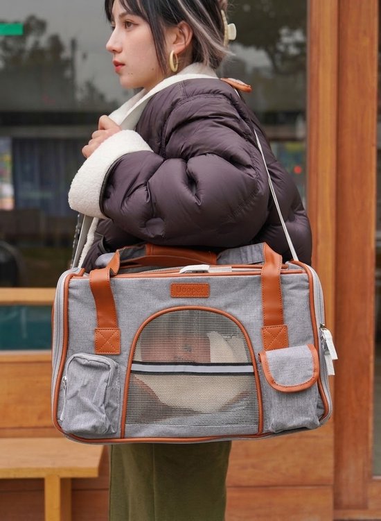 Draagtas Hond - Draagtas Kat - 50x30x30 cm - Reistas & Draagtas - Opvouwbare dieren draagtas - Schoudertas voor huisdieren - Opvouwbaar - Ventilerend - Tot 8kg - Met Veiligheidsriem & Reflectie - Geschikt voor Auto - Met Opbergvakken - Grijs