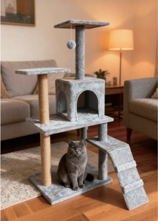 Krabpaal voor Katten - 52x38x120 cm - Krabpalen - Kattenmeubel - Krabboom - met Kattenhuis, Sisalpalen en Trapje - Stabiele Kattenboom - Meerdere Niveaus - Speeltoestel met Speelballetje - Zacht Pluche - Geschikt voor Kittens en Volwassen Katten