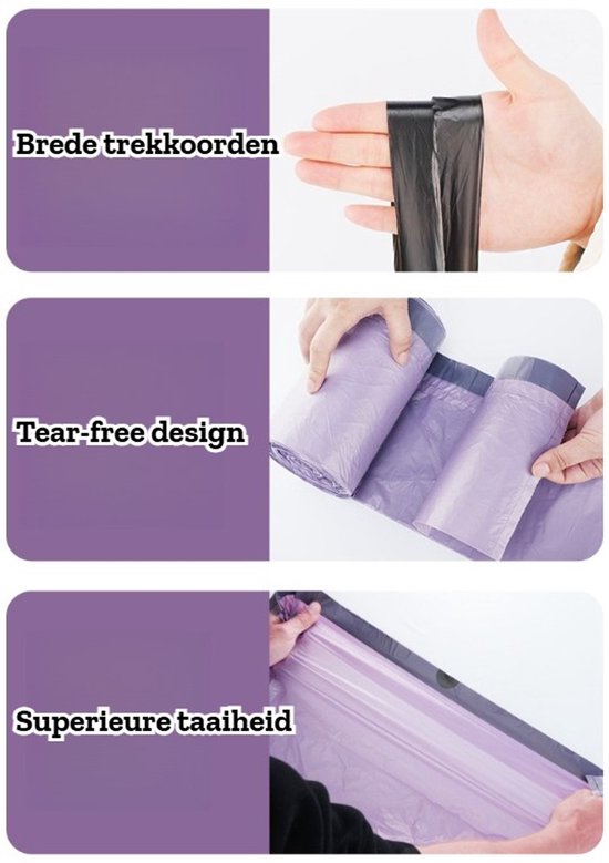Paarse Vuilniszakken met Trekkoord - 45 Liter 50 Stuks - 65 x 60 cm - Extra Dikke Sterk HDPE Afvalzakken - Scheurvast & Lekvrij - Luxe Design - Voor Keuken & Kantoor - Ondoorzichtig & Discreet - Ideaal voor Restafval en Plastic