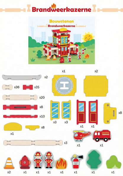 Houten Bouwstenen Set met Pen-en-Gatverbinding - Brandweerkazerne - 3D Puzzel & Constructie Speelgoed - Hout blokjes Peuter Cadeau - Rollenspellen - Bouwblokken - Educatief Montessori Speelgoed voor Kinderen - Vanaf 3 Jaar - Rood