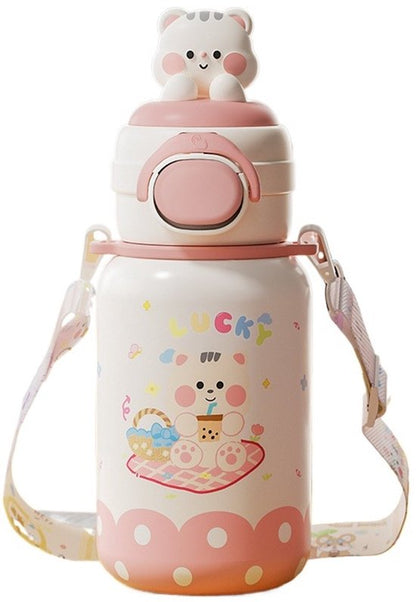 316 RVS Kinder Thermosfles & Kinderdrinkfles met Rietje en Drinktuit - 500ml Lekvrije Schoolbeker voor Meisjes & Jongens - 12u Warm/Koud Isoleerfles - BPA-Vrij & Food Grade - Ideaal Cadeau voor School, Sport & Onderweg - Met koord - kitten