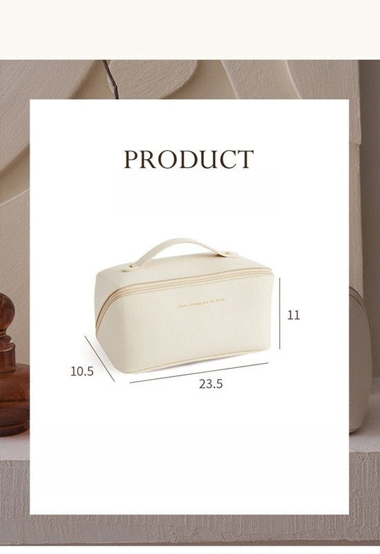 Make-up Tas Dames & Meisjes - Grote Toilettas voor Reizen & Vakantie - Beauty Case met Grote Opening - Cosmetica Organizer met Vakken - Waterafstotend PU Leer - Reis Etui voor Make up & Verzorging - Handige Badkamer Opbergtas - Beige
