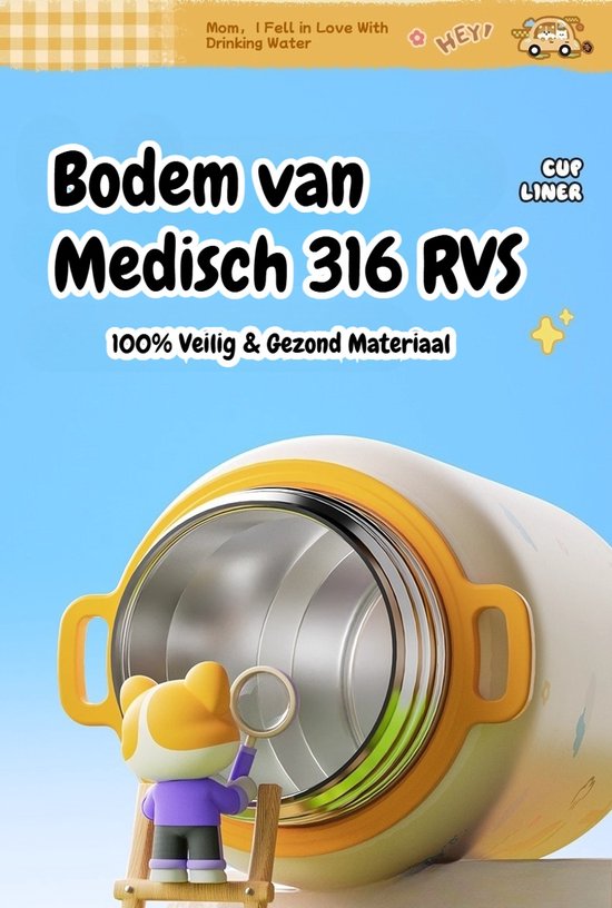 316 RVS Kinder Thermosfles & Kinderdrinkfles met Rietje en Drinktuit - 500ml Lekvrije Schoolbeker voor Meisjes & Jongens - 12u Warm/Koud Isoleerfles - BPA-Vrij & Food Grade - Ideaal Cadeau voor School, Sport & Onderweg - Met koord - kitten