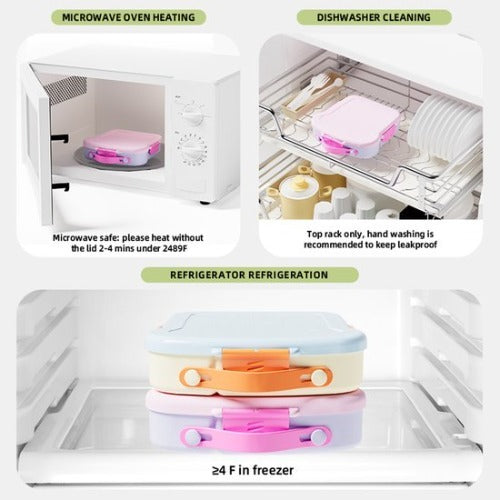 Lunchbox met sausbox ‌en bestek‌ - Lekvrij Bento Box 900ml voor Diepvries, Vaatwasser & Magnetronbestendig - met Silicone Afdichtring - met 4 Vakken Voor volwassenen en kinderen‌ - Blauw - 20.5×21.5×5cm - 100% Lekvrij, BPA-vrij & Magnetronbestendig