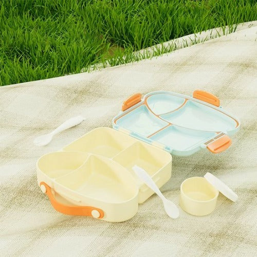Lunchbox met sausbox ‌en bestek‌ - Lekvrij Bento Box 900ml voor Diepvries, Vaatwasser & Magnetronbestendig - met Silicone Afdichtring - met 4 Vakken Voor volwassenen en kinderen‌ - Blauw - 20.5×21.5×5cm - 100% Lekvrij, BPA-vrij & Magnetronbestendig