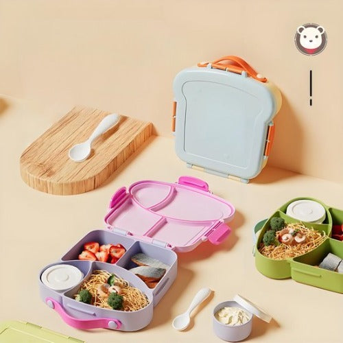 Lunchbox met sausbox ‌en bestek‌ - Lekvrij Bento Box 900ml voor Diepvries, Vaatwasser & Magnetronbestendig - met Silicone Afdichtring - met 4 Vakken Voor volwassenen en kinderen‌ - Paars -20.5×21.5×5cm - 100% Lekvrij, BPA-vrij & Magnetronbestendig