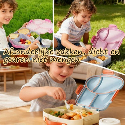 Lunchbox met sausbox ‌en bestek‌ - Lekvrij Bento Box 900ml voor Diepvries, Vaatwasser & Magnetronbestendig - met Silicone Afdichtring - met 4 Vakken Voor volwassenen en kinderen‌ - Paars -20.5×21.5×5cm - 100% Lekvrij, BPA-vrij & Magnetronbestendig