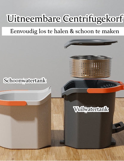 Roterend Mopsysteem met Voetpedaal - Dweil - Mopset - Schoon & Vuil Water Scheiding - Dweilset met Emmer & 2 Microvezel Doeken - 180° Inklapbare Vloerwisser - RVS Steel - Voor Alle Vloeren - Turbo Wringmechanisme - Ideaal tegen Huisdierharen & Stof