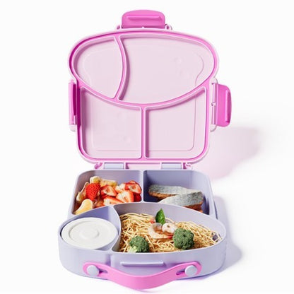 Lunchbox met sausbox ‌en bestek‌ - Lekvrij Bento Box 900ml voor Diepvries, Vaatwasser & Magnetronbestendig - met Silicone Afdichtring - met 4 Vakken Voor volwassenen en kinderen‌ - Paars -20.5×21.5×5cm - 100% Lekvrij, BPA-vrij & Magnetronbestendig