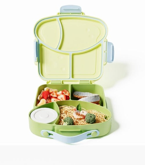 Lunchbox met sausbox ‌en bestek‌ - Lekvrij Bento Box 900ml voor Diepvries, Vaatwasser & Magnetronbestendig - met Silicone Afdichtring - met 4 Vakken Voor volwassenen en kinderen‌ - Groen -20.5×21.5×5cm - 100% Lekvrij, BPA-vrij & Magnetronbestendig