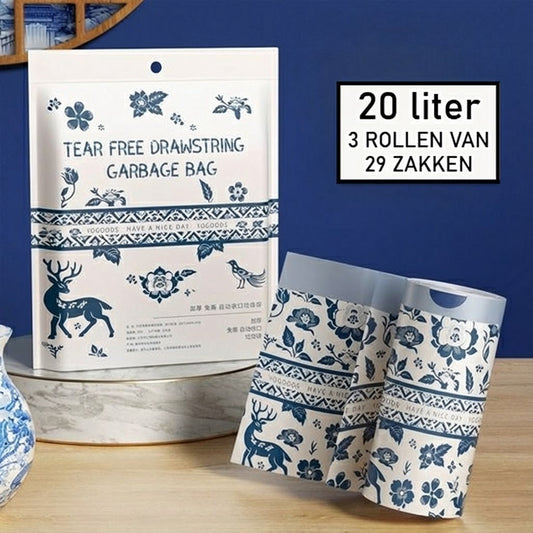 Extra Sterke Afvalzakken met Trekkoord - 20 Liter 87 Stuks - Scheurvaste Vuilniszakken - Stijlvol Delfts Blauw Design - Lekvrij & Extra Dik - Pedaalemmerzakken voor Keuken - 50*60CM- Universele Pasvorm voor Prullenbak - Niet Doorschijnend