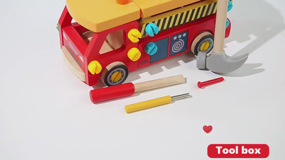 Montessori Gereedschapswagen truck – Demonteerbare Werkbank Auto – Houten Constructiespeelgoed met PVC Hamer, Spijkers en Schroeven, Educatief Speelgoed voor Fijne Motoriek, Gereedschapsauto & Vrachtwagen (3+ Jaar, Handgeschaafd + Veilige Verf)