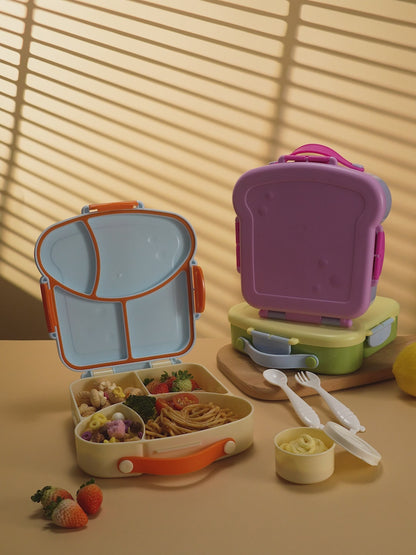 Lunchbox met sausbox ‌en bestek‌ - Lekvrij Bento Box 900ml voor Diepvries, Vaatwasser & Magnetronbestendig - met Silicone Afdichtring - met 4 Vakken Voor volwassenen en kinderen‌ - Blauw - 20.5×21.5×5cm - 100% Lekvrij, BPA-vrij & Magnetronbestendig